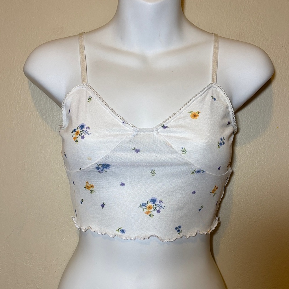 Forever 21 White Floral Crop Cami with Blue and Yellow Flowers